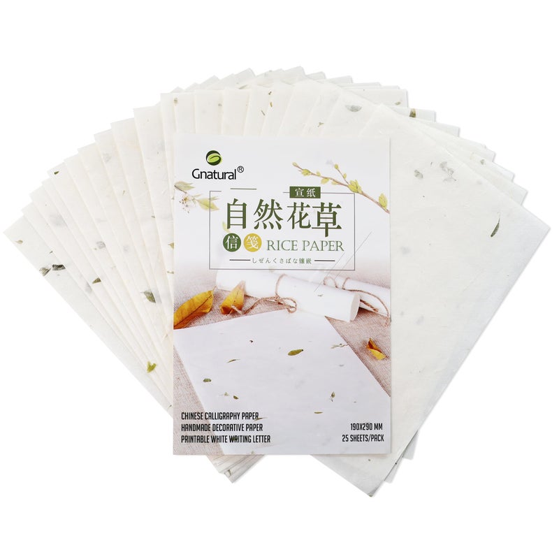 gnatural Premium Handmade White Rice Paper for Chinese and Japanese Calligraphy, Sumi Drawing, Writing Letters and Printing - Decorative Xuan Paper for Crafts - 25 Sheets - Image 1